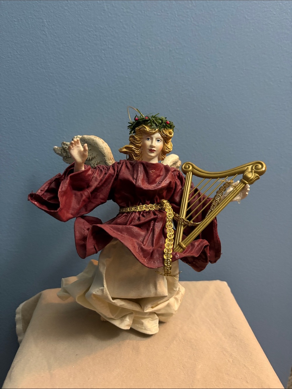 Festive Burgundy Angel Figurine with Gold Harp - Decor with gold string to hang